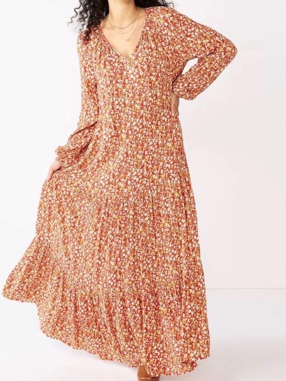 Sonoma Rust Floral Long Sleeve Maxi Dress Summer